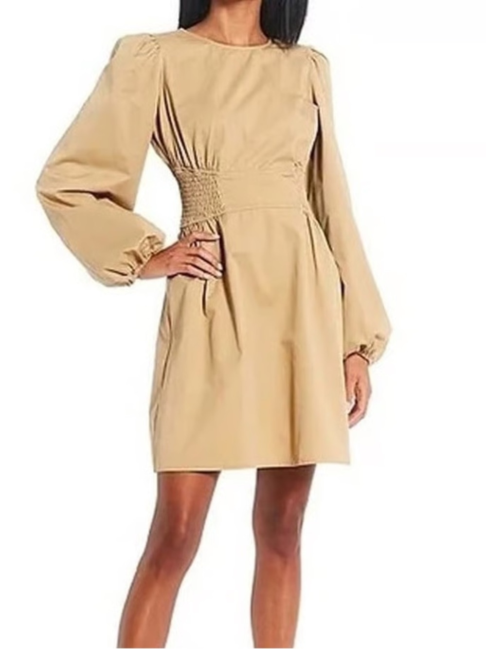 GB girls Tan Puff-Sleeve Smocked-Waist Dress